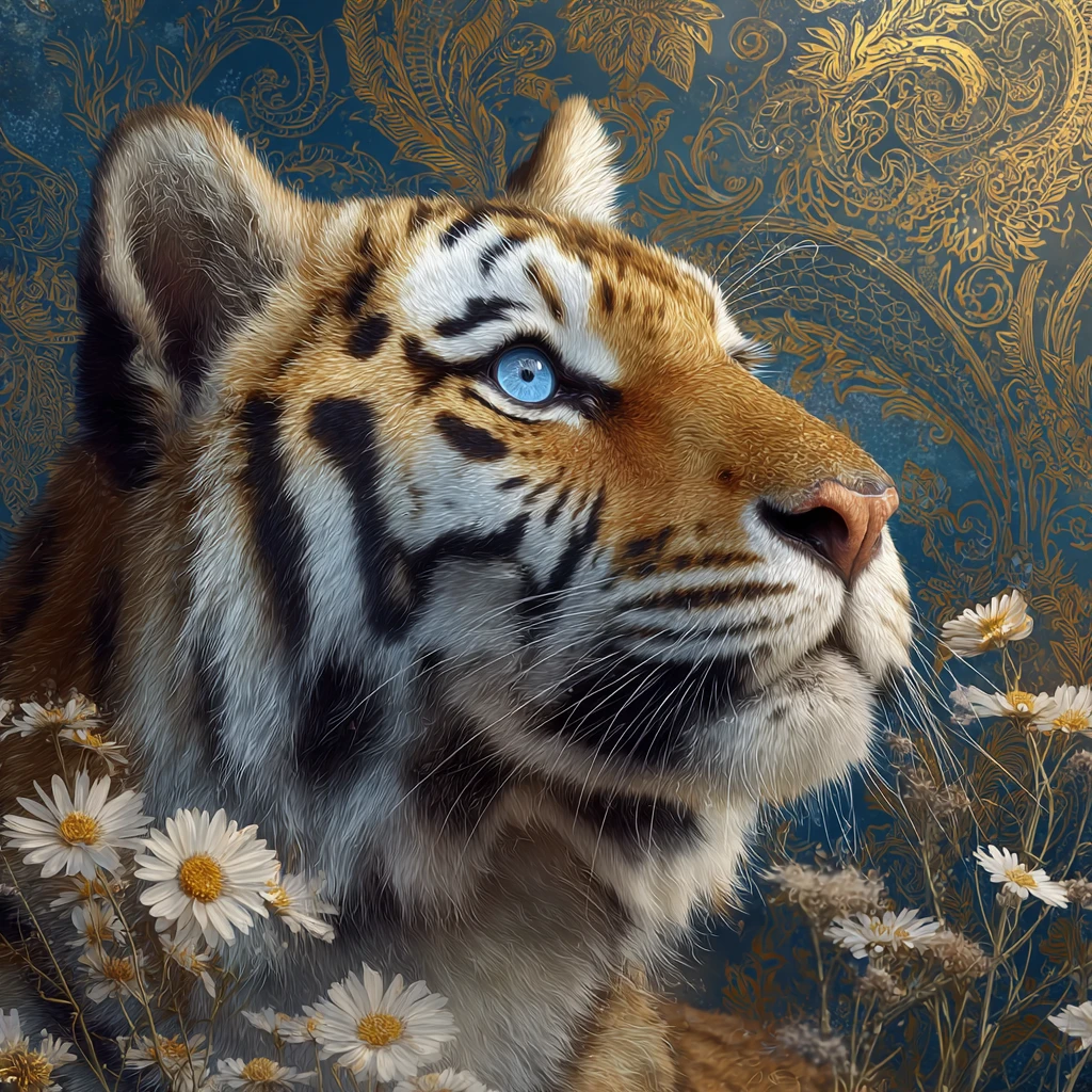 Portrait majestueux de tigre aux yeux bleus et paisley doré