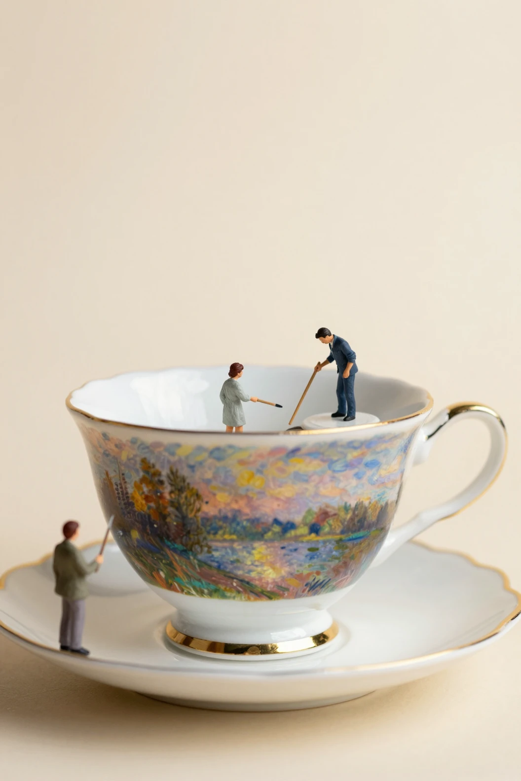 Miniaturmaler erschaffen Kunst auf der Oberfläche einer Vintage-Teetasse