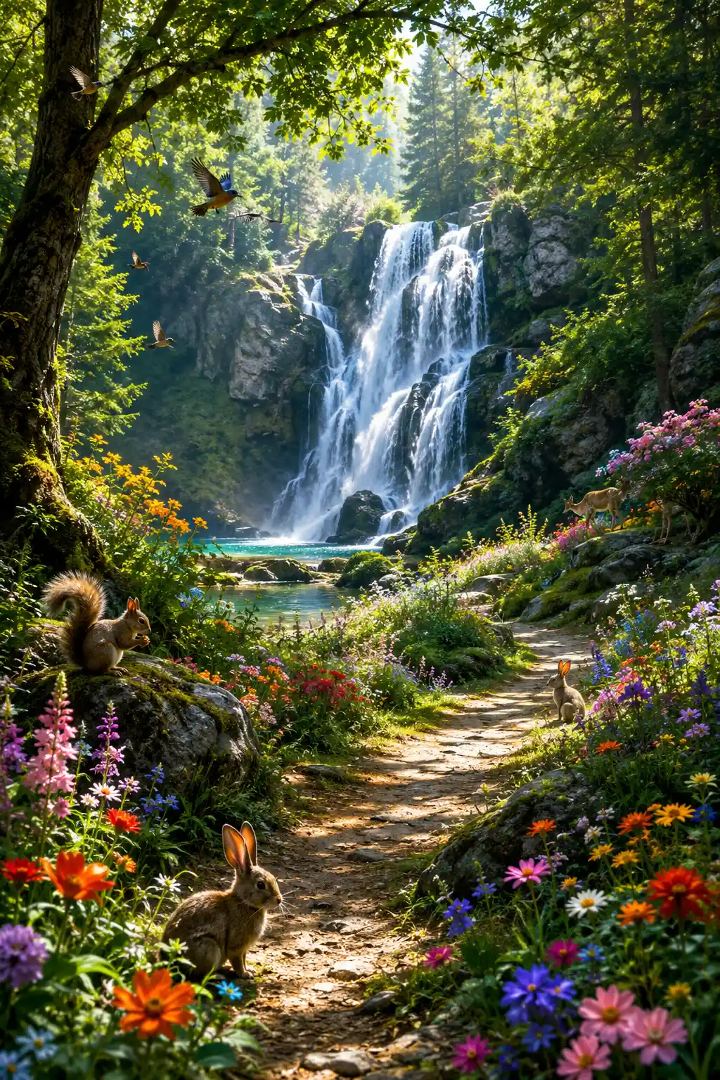 Majestic Forest Waterfall In Peaceful Sunlit Landscape