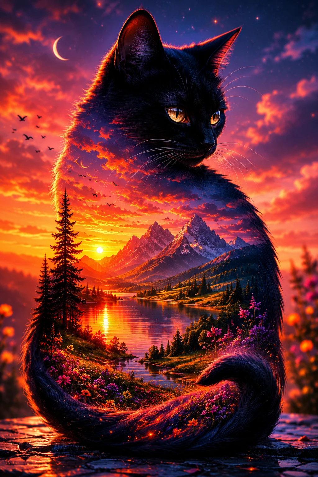 Silhueta de gato preto preenchida com paisagem montanhosa ao pôr do sol