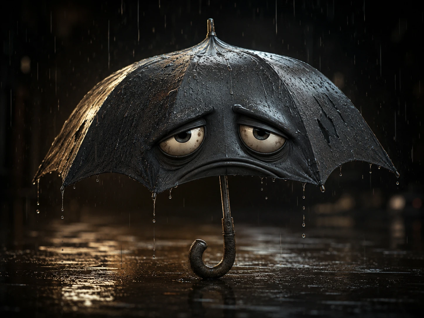 Trauriger anthropomorpher Regenschirm im dramatischen Regen-Spotlight