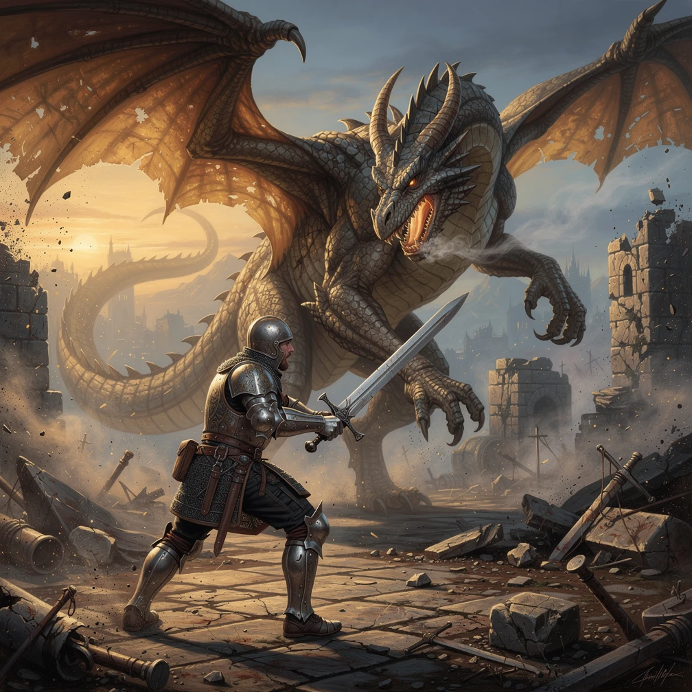 Cavaleiro medieval enfrentando um dragão colossal em terreno de pedra em ruínas