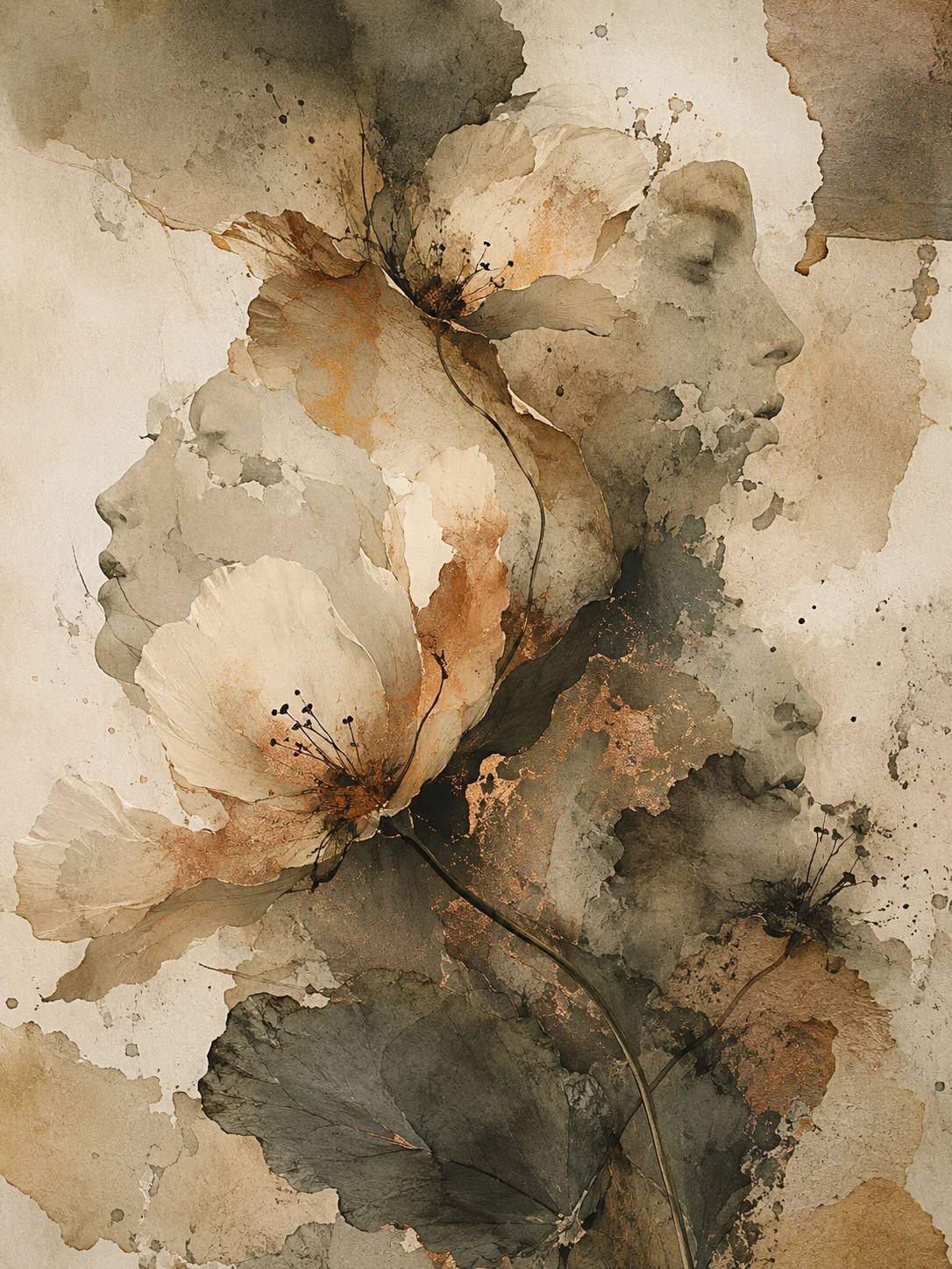 Abstrakte botanische Formen in gedeckter Aquarell- und Tinten-Collage