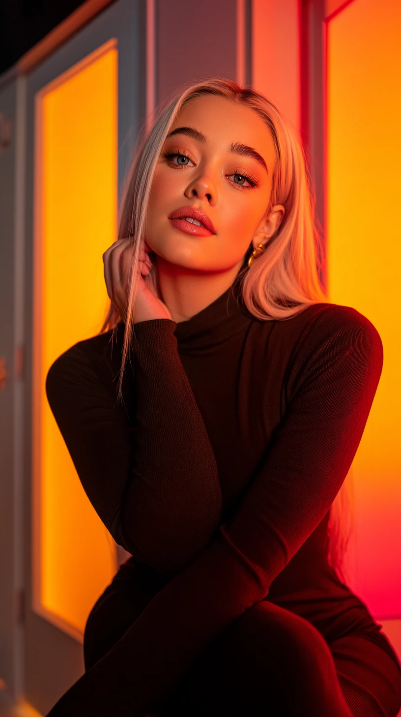 Retrato de moda cinematográfico de una mujer con jersey de cuello alto negro