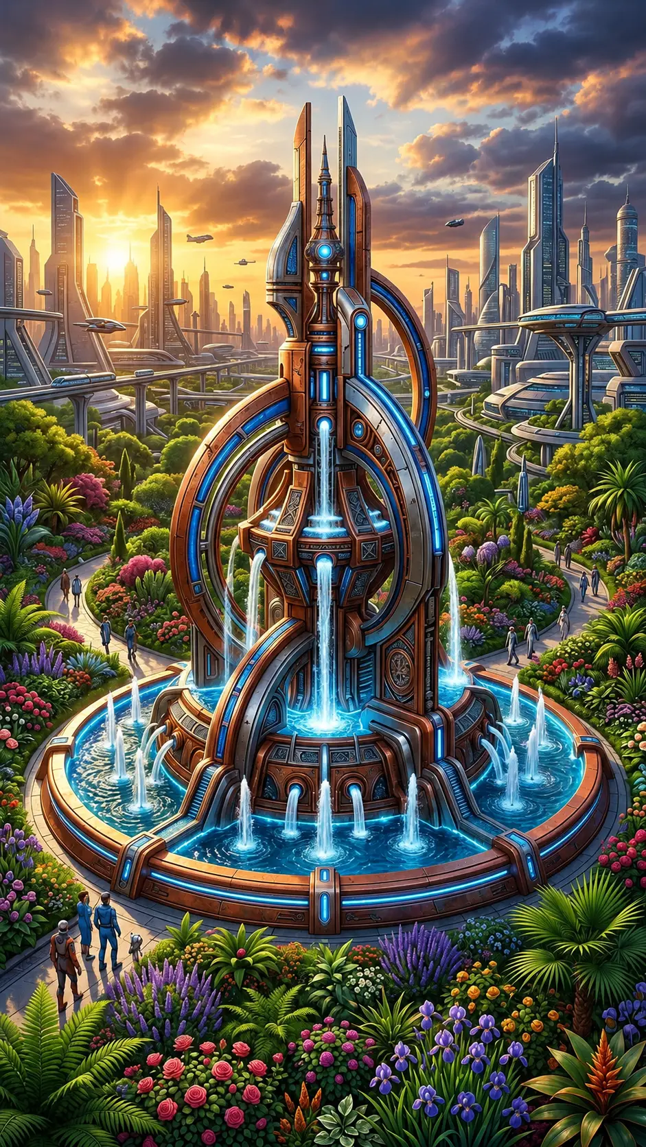 Futuristic copper and silver fountain in lush green landscape