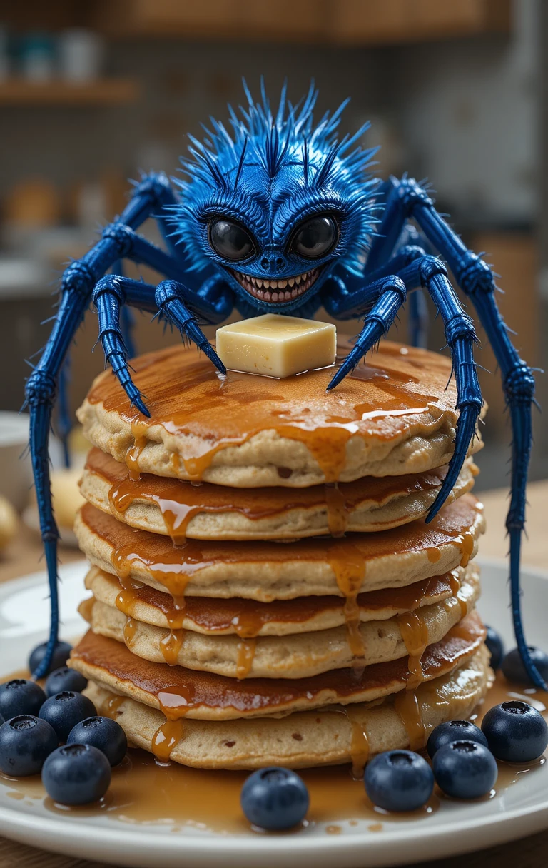 Aranha azul sorrindo em cima de panquecas de mirtilo na cozinha