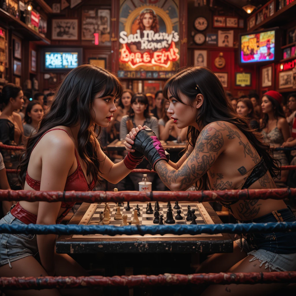 Duas mulheres se enfrentam em um animado ringue de bar
