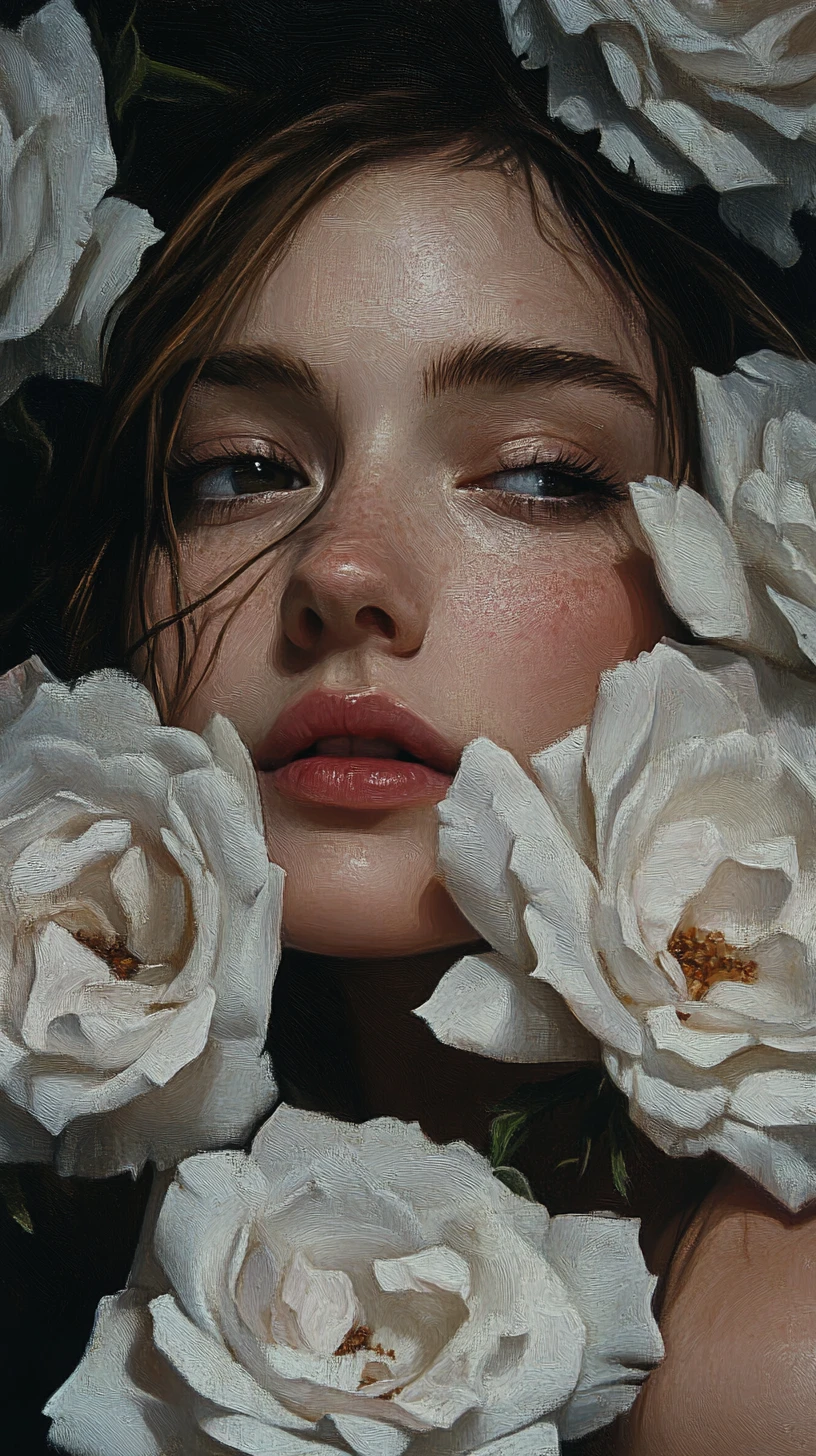 Close up portrait of a woman framed by white roses