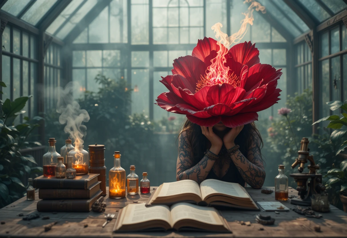 Mulher steampunk com flor carmesim em chamas na estufa