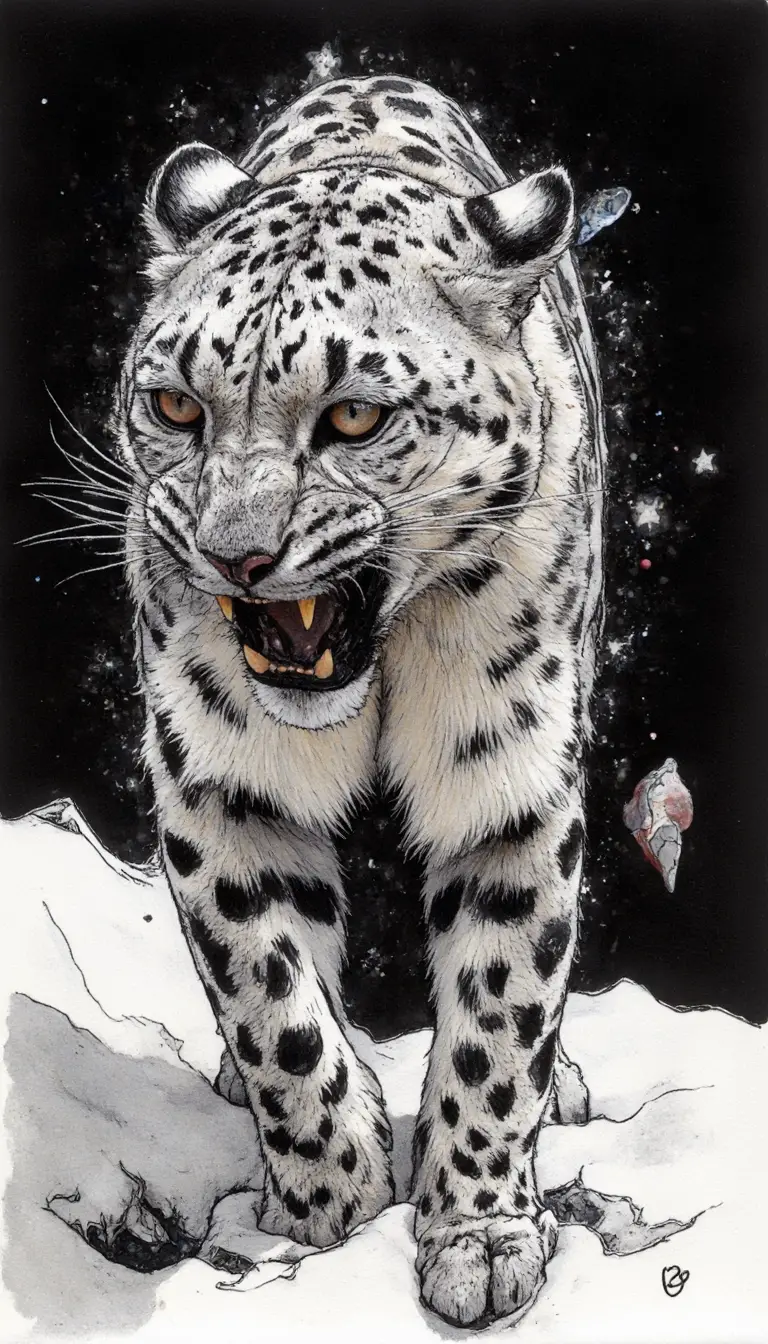 Snow leopard leaping forward in dramatic ink abstraction
