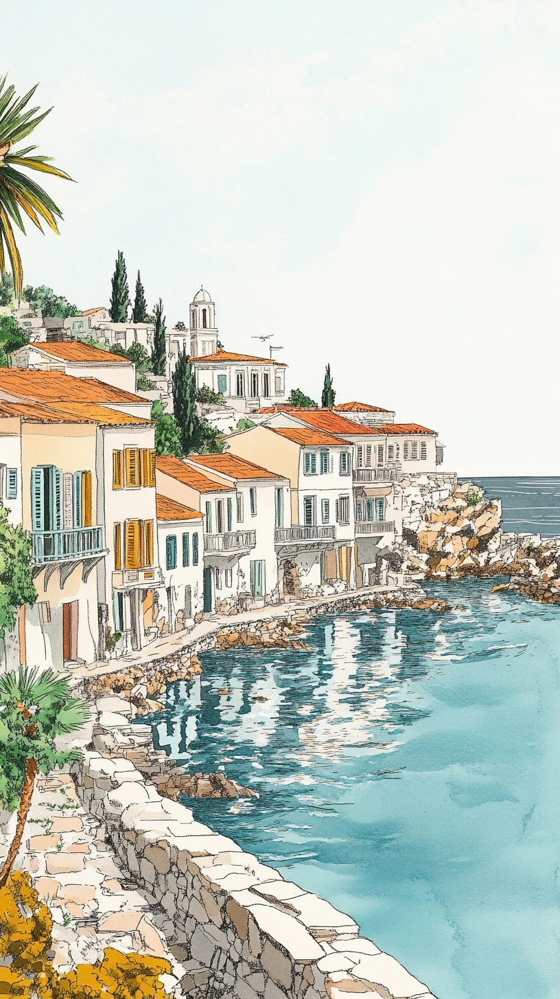 Cidade litorânea grega histórica em ilustração suave de mídia mista