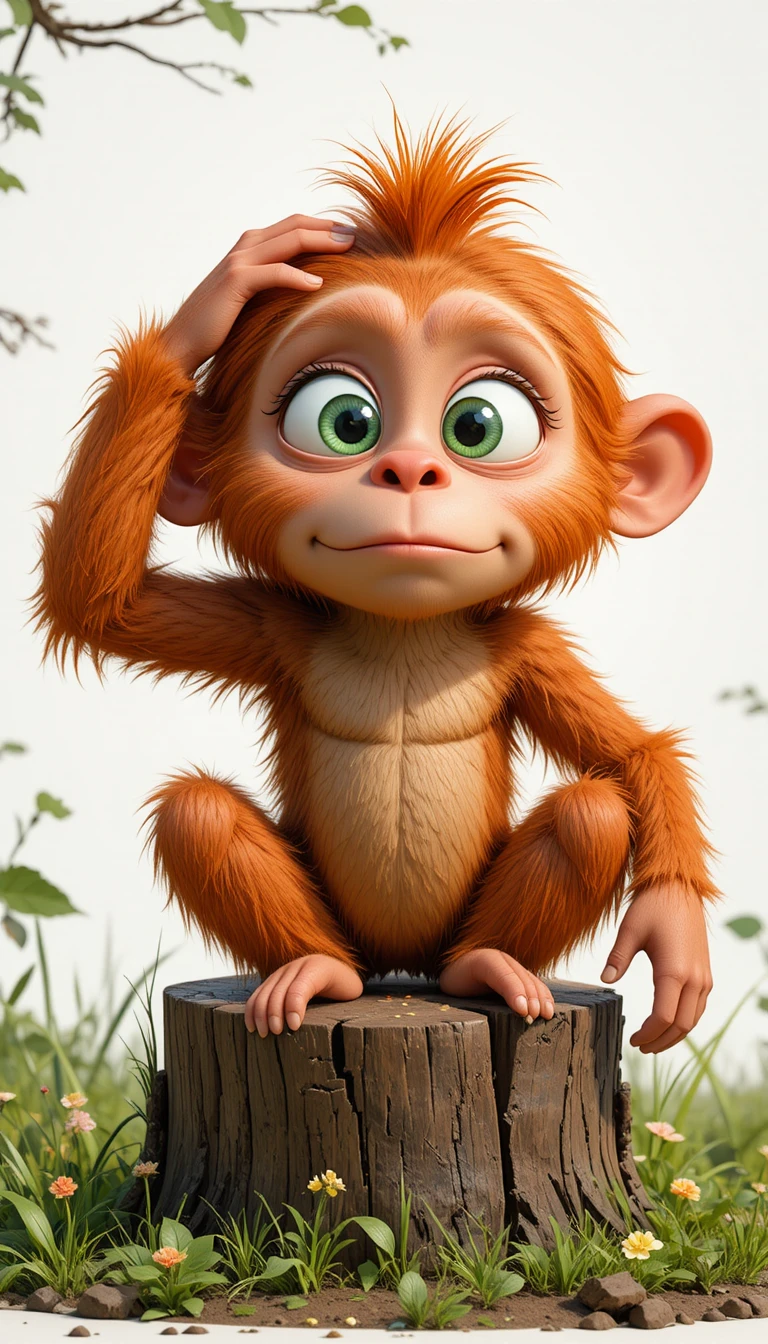 Tierno orangután 3D estilo caricatura sentado pensativo en un tronco