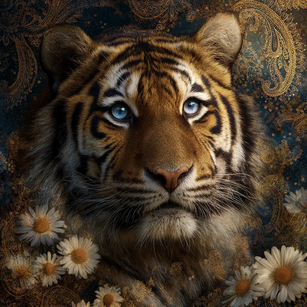 Majestic tiger portrait with blue eyes and golden paisley
