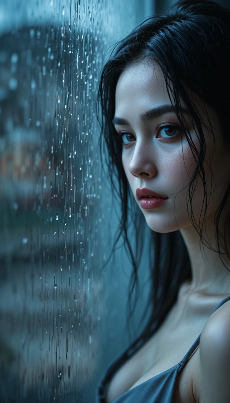 雨中窗邊女子的情緒人像