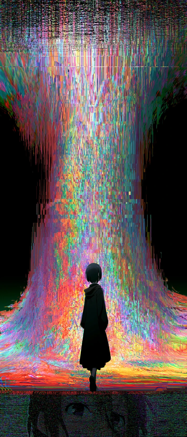 Lonely figure dissolving into glitching digital void