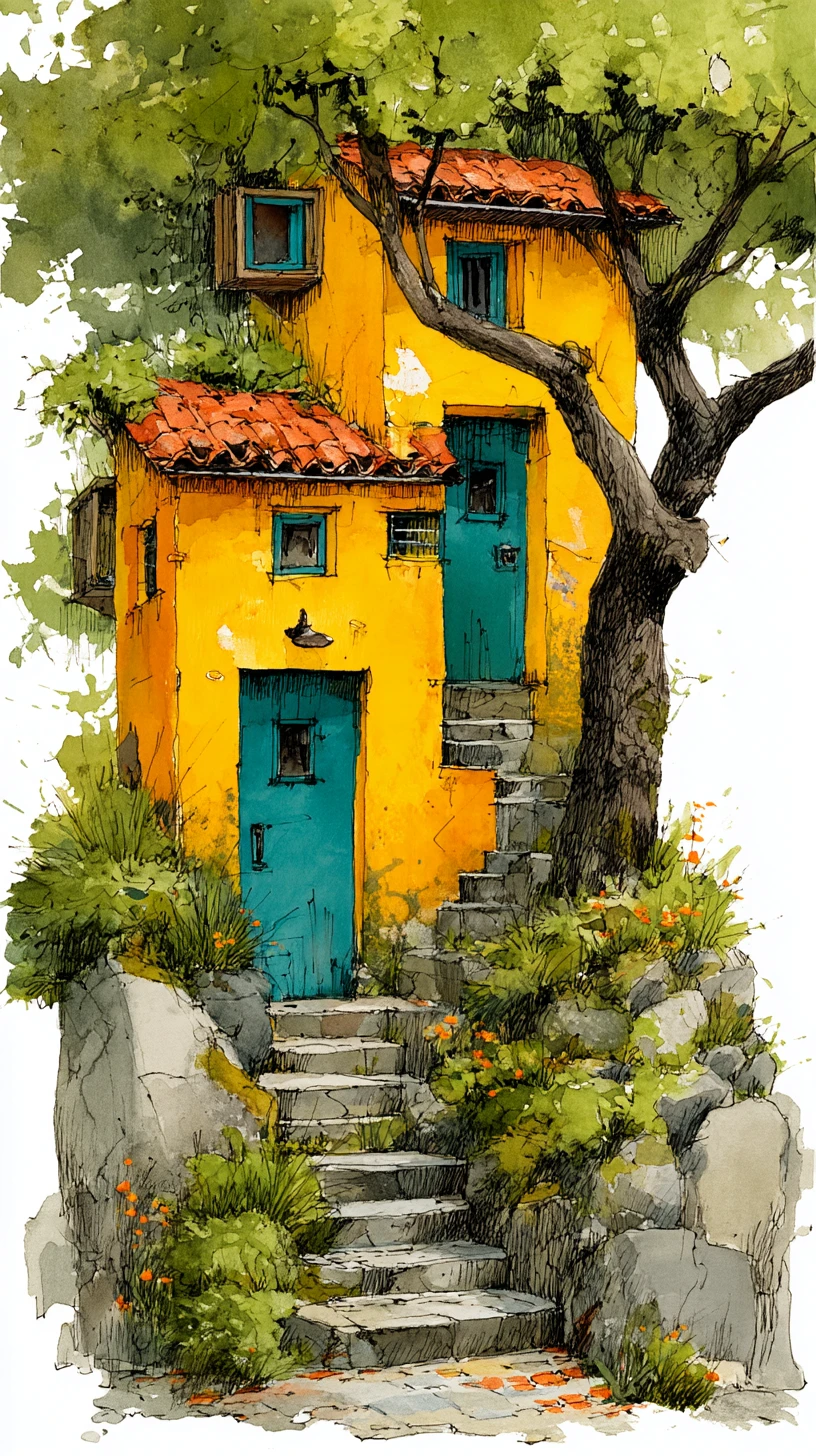 Cabana em aquarela fantasiosa com árvore e jardim