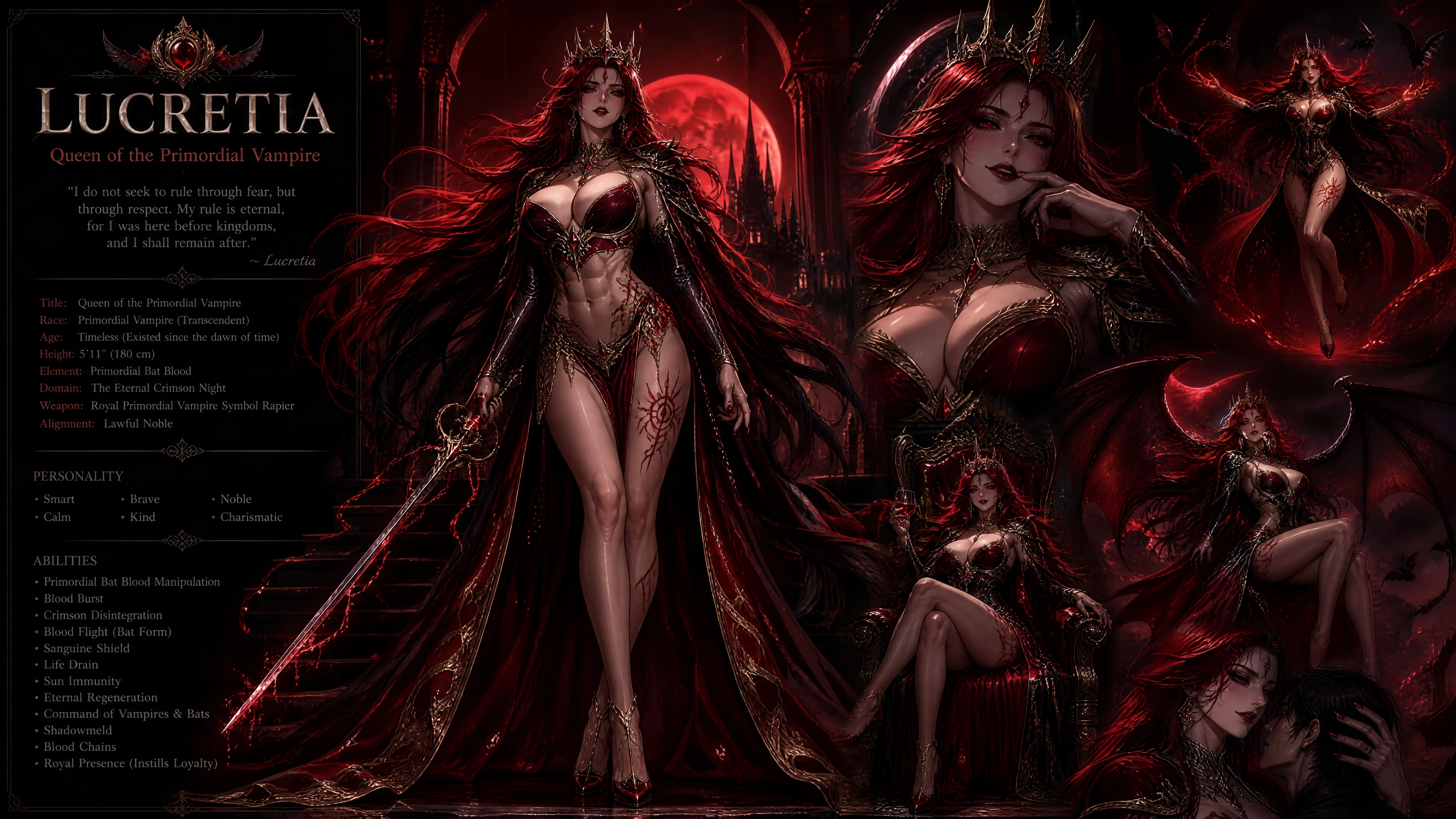Reine vampire aux cheveux écarlates et aux yeux rouges luisants