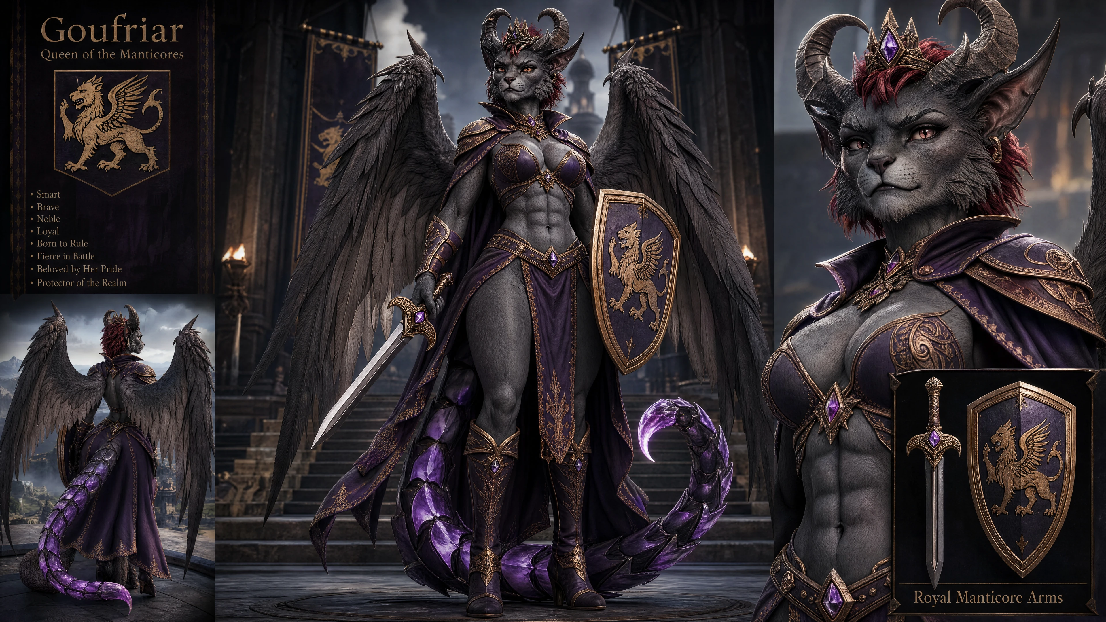 Reine manticore ailée en armure royale avec épée et bouclier