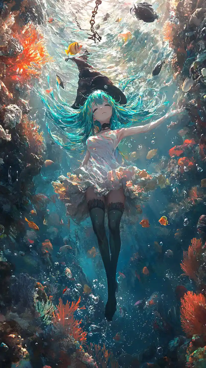 カラフルなサンゴ礁の上を浮かぶアニメ少女