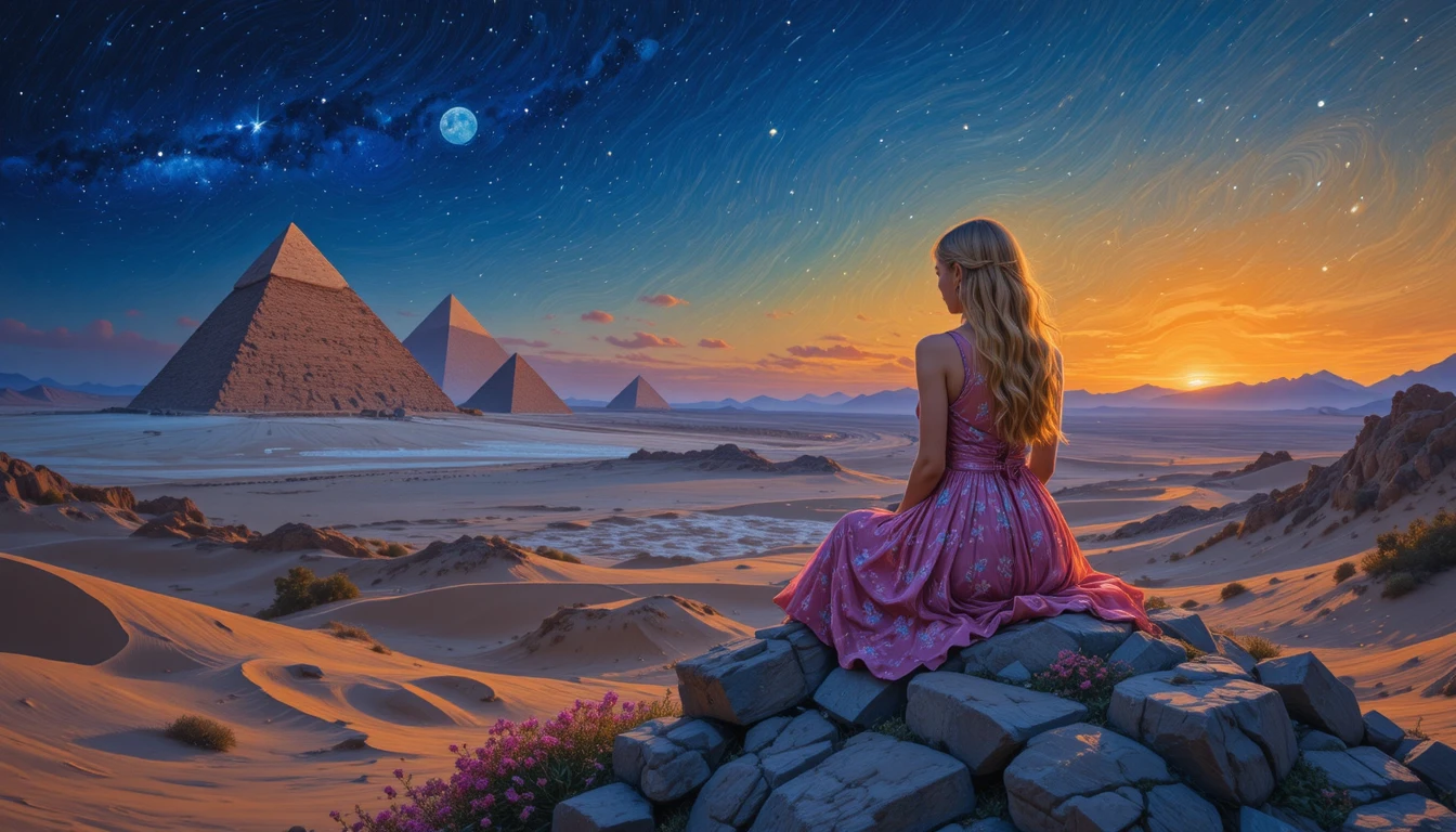 Fille sur un rocher regardant des pyramides au coucher de soleil dans le désert
