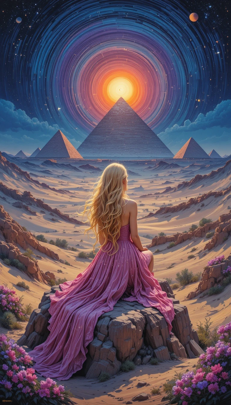 Fille sur un rocher regardant les pyramides au coucher du soleil