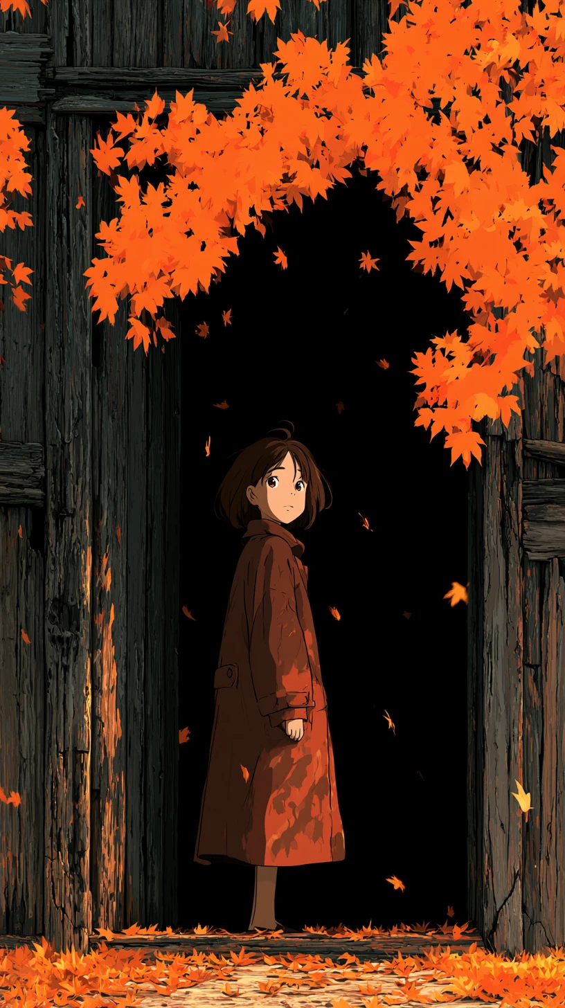 Anime-Mädchen in herbstlicher Tür mit fallenden Ahornblättern