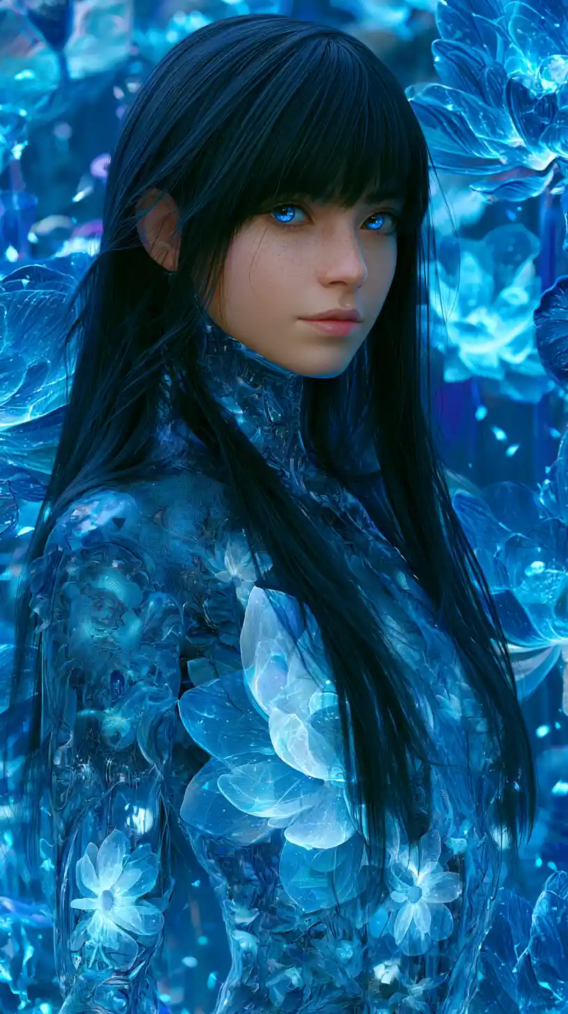 Mujer cibernética de ojos azules en jardín de lotos luminosos