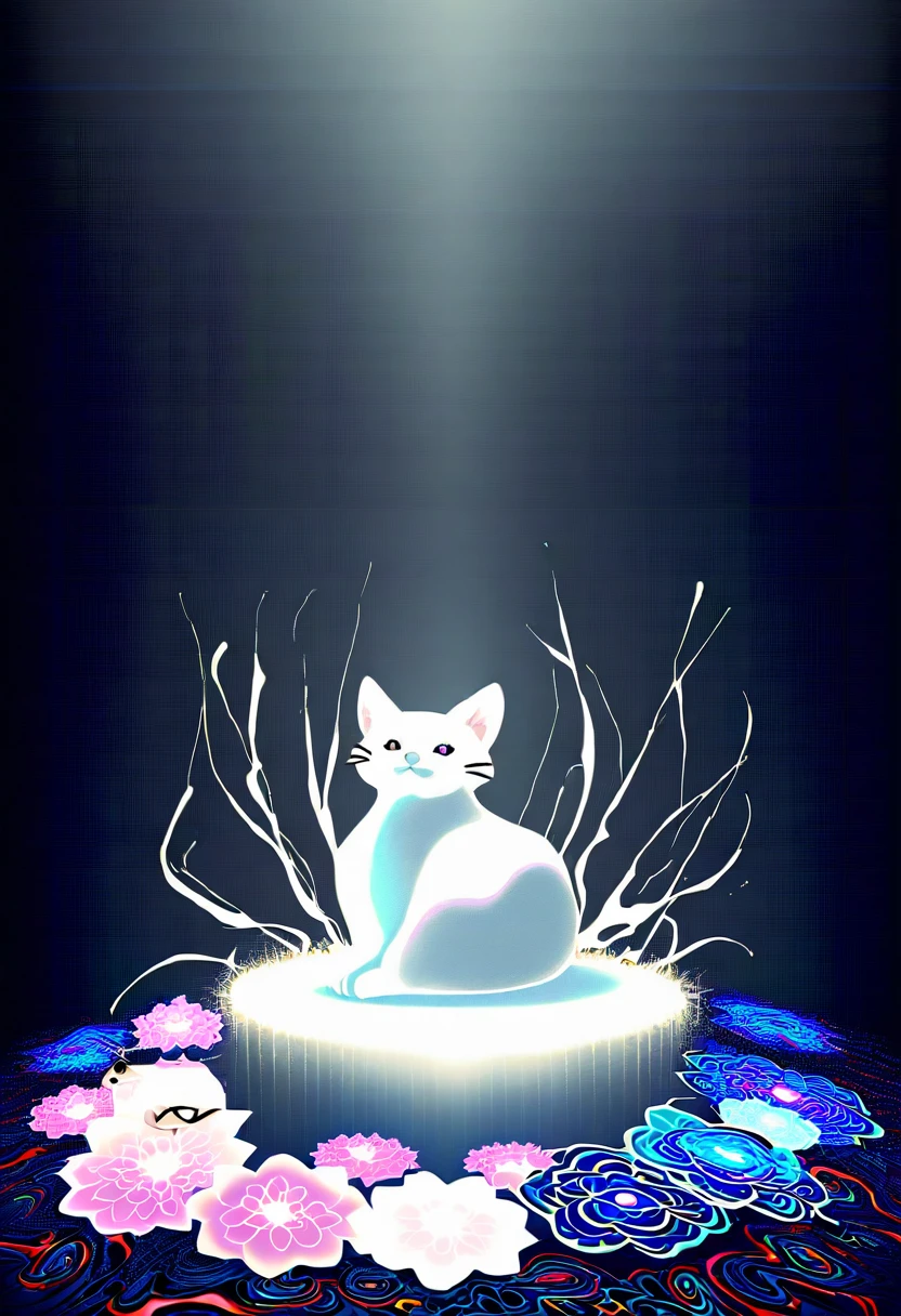 光り輝くサイケデリックな草花模様に包まれた神秘的なマゼンタの猫