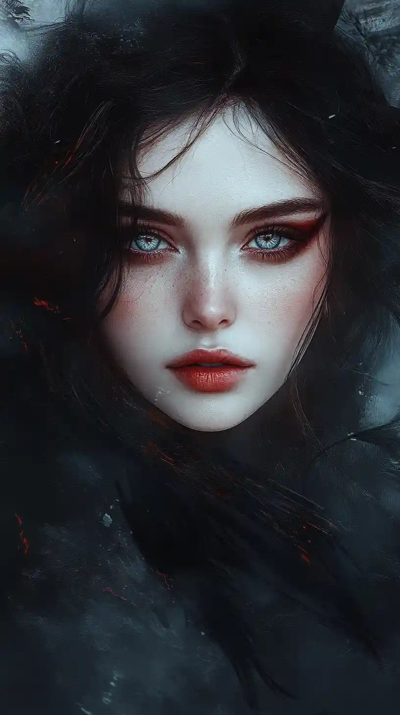 Misteriosa donna con eyeliner rosso in un vuoto etereo e nebbioso