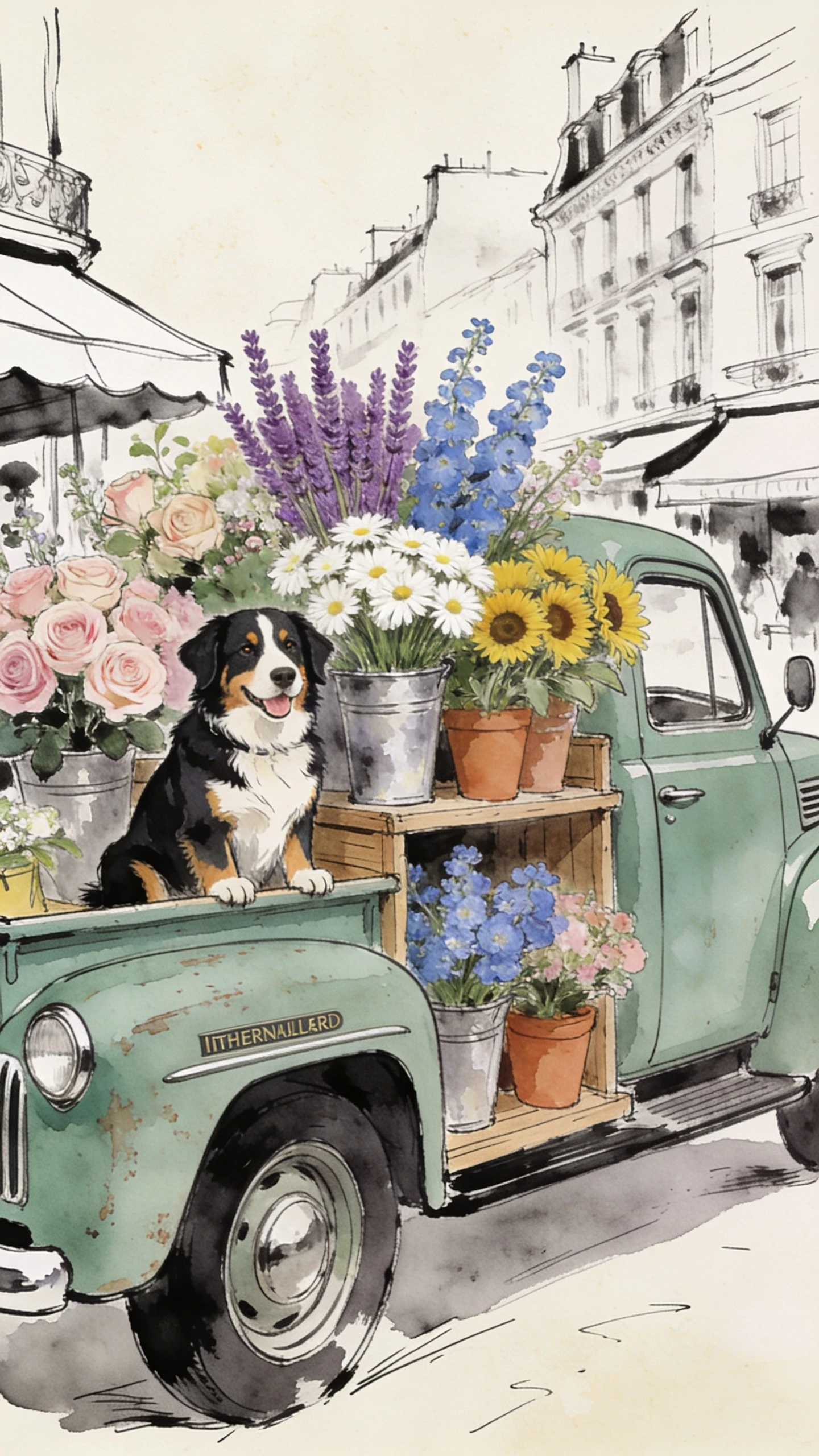 Cão Bernese em caminhão de flores retrô – ilustração de moda