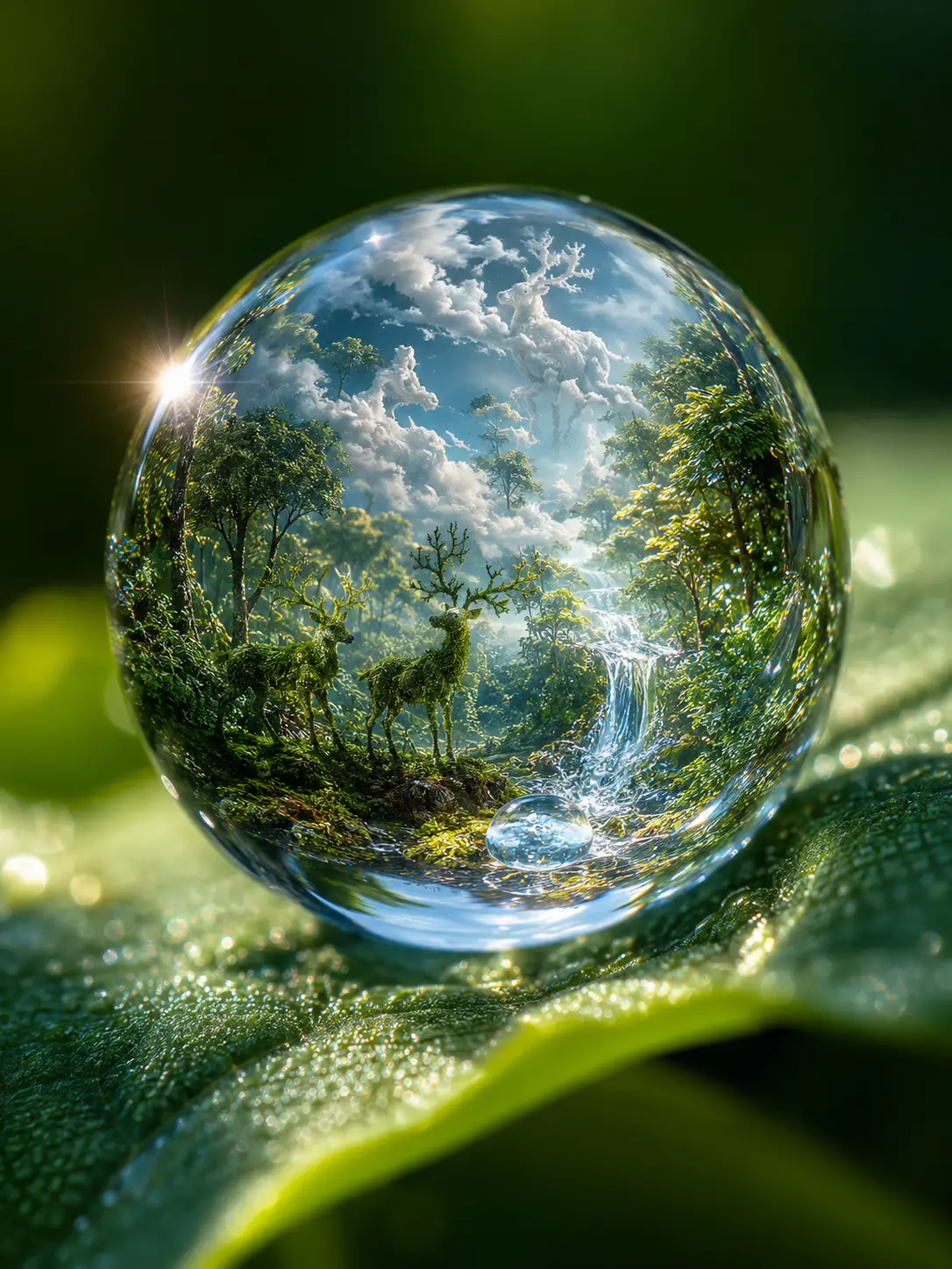 葉片上的微距水滴懷抱一座迷你森林