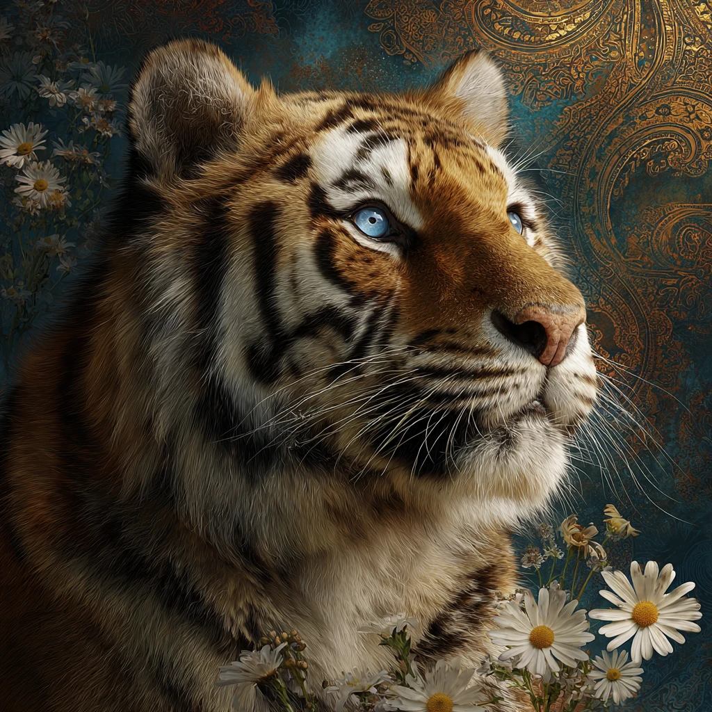 Majestätisches Tigerporträt mit blauen Augen und goldenem Paisley