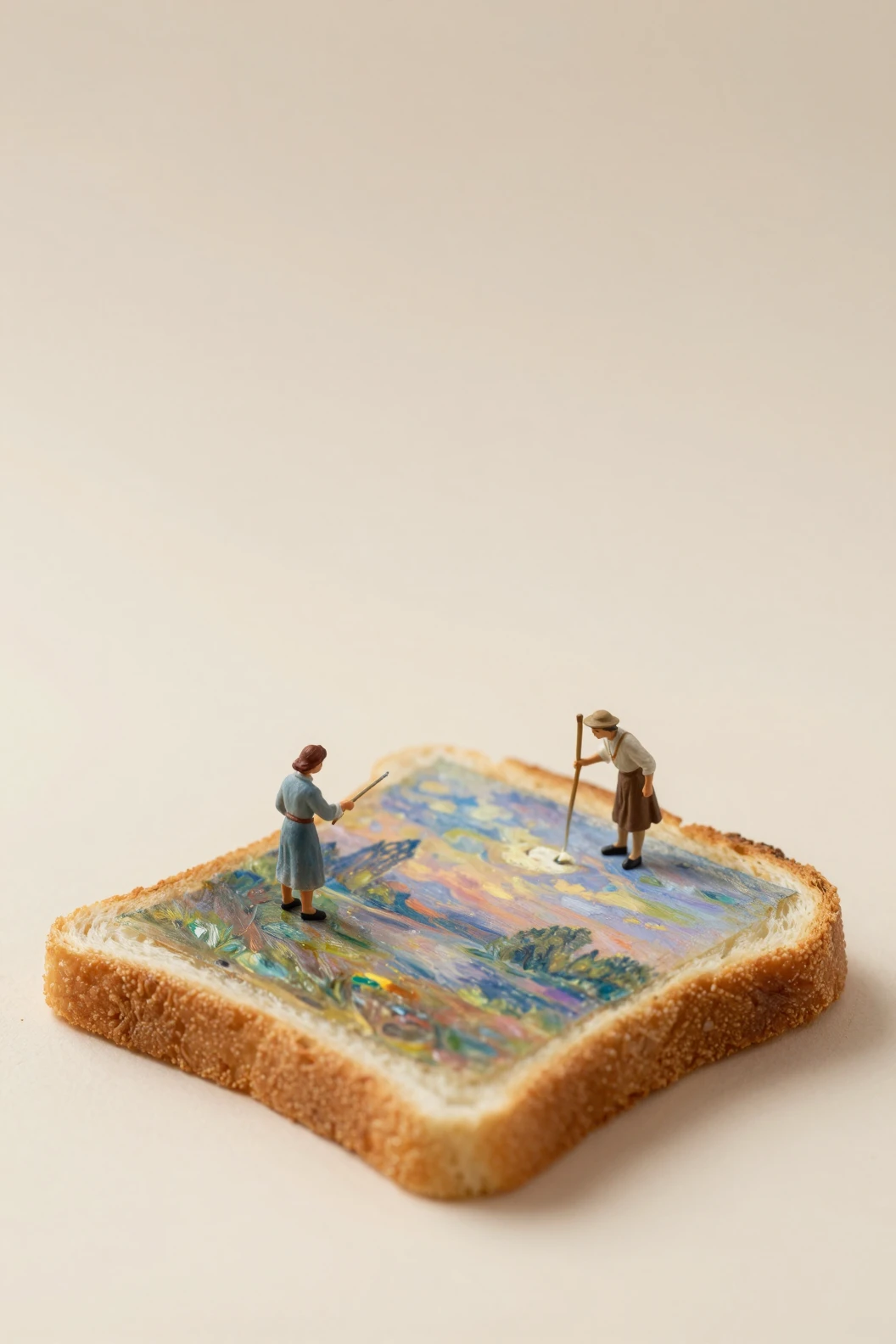 Pintores em miniatura criando arte na torrada em visão macro