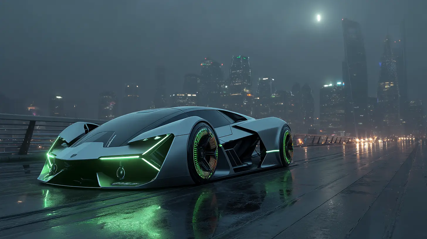 Futuristisches silbernes Auto unter mondbeschienenem Himmel nahe einer fernen Stadt