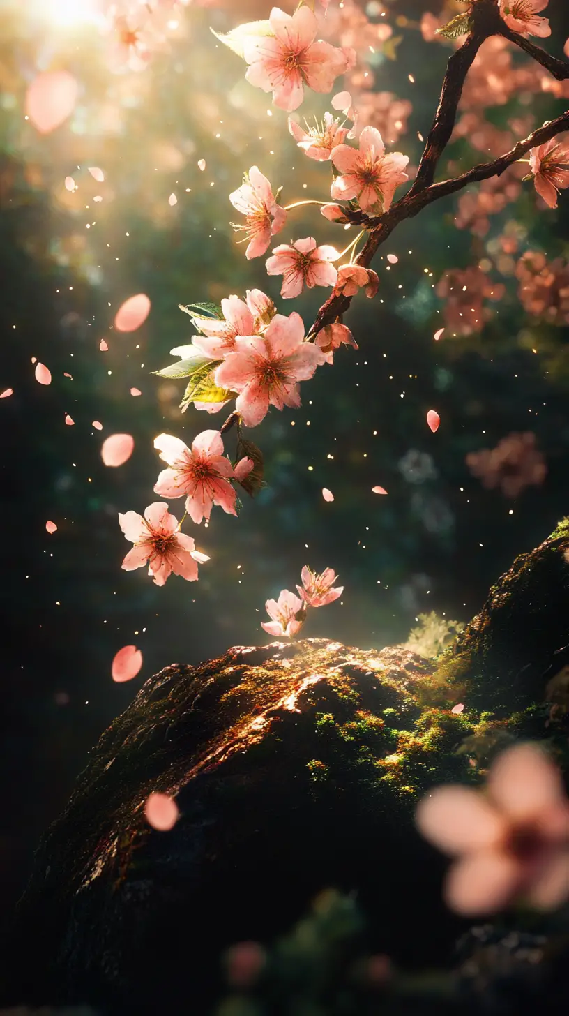 在魔幻森林中綻放光芒的櫻花樹枝