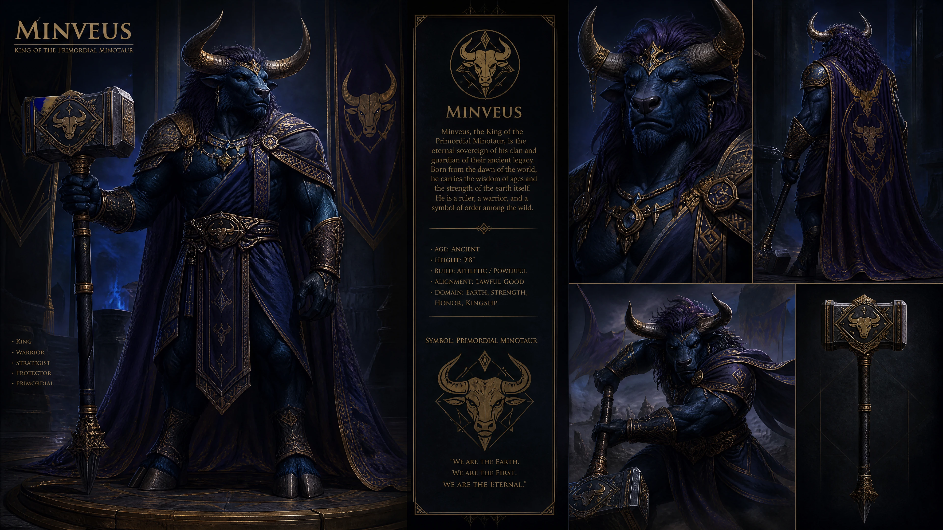 Rei minotauro primordial majestoso com martelo de guerra e trajes reais