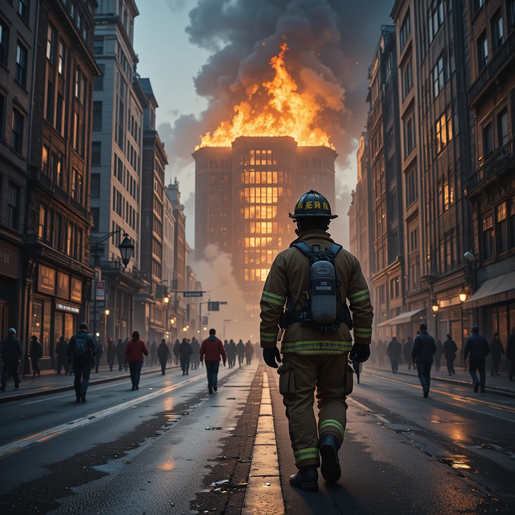 Pompier de Retour en Service dans une Rue de Ville en Flammes