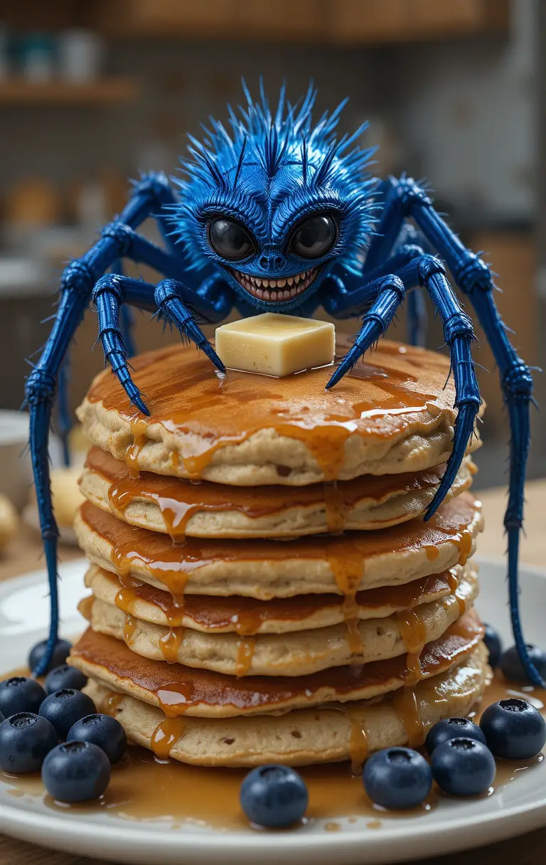 Aranha azul sorrindo em cima de panquecas de mirtilo na cozinha