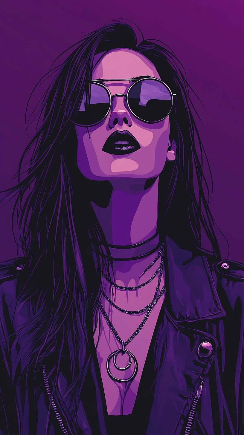 Coole Fashion-Frau mit Sonnenbrille vor tiefviolettem Hintergrund