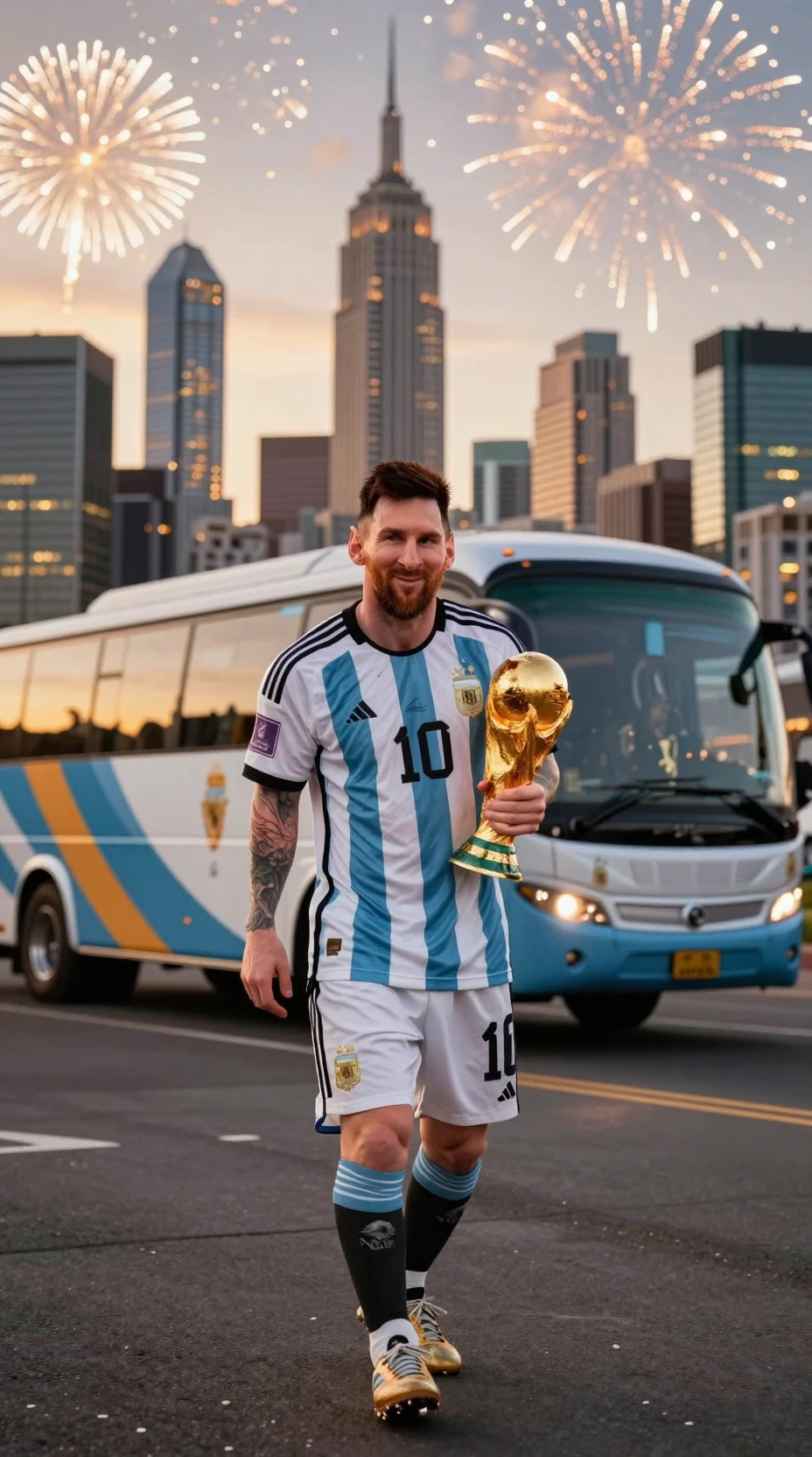 夕暮れの街でチームバスに向かうサッカー王者