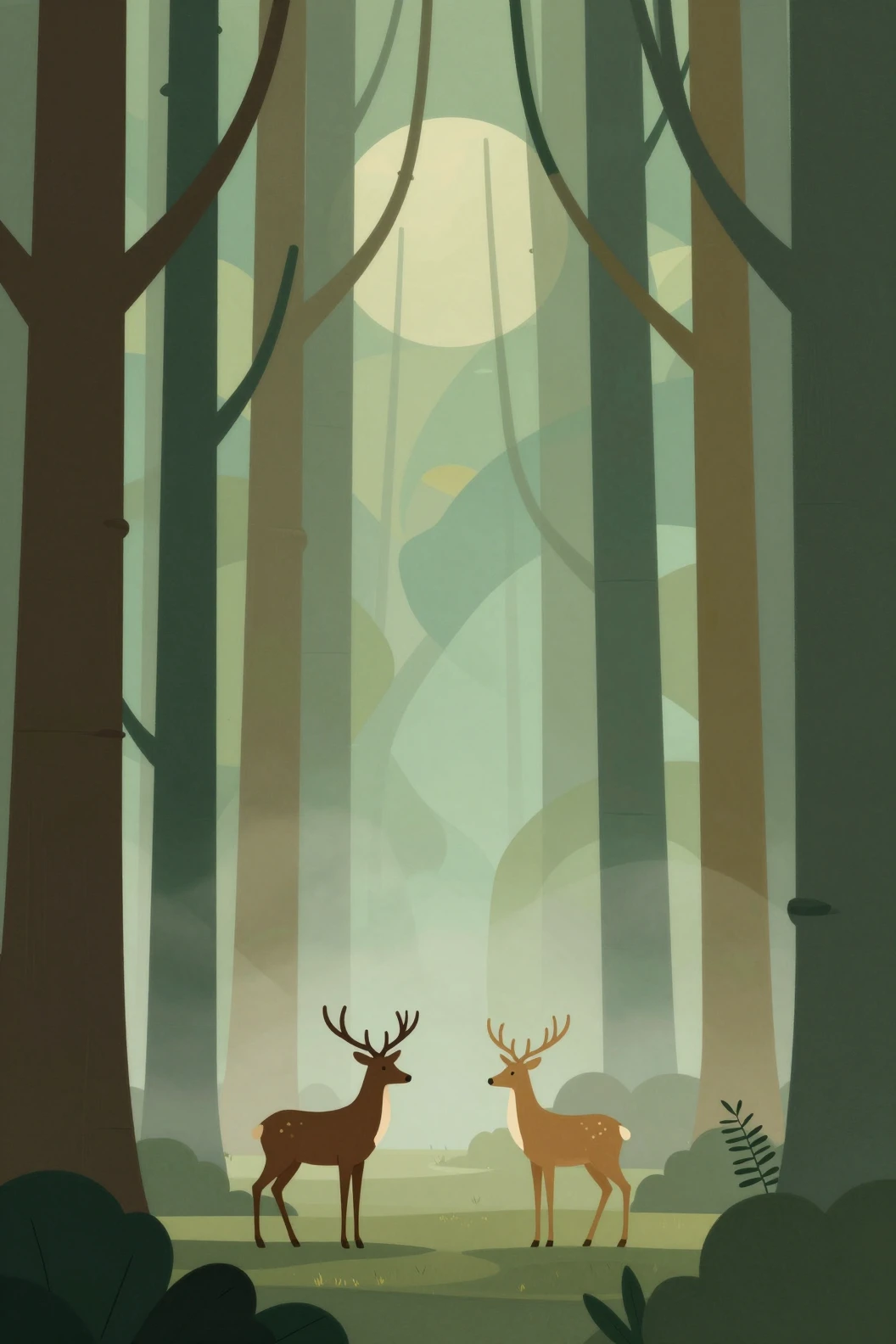 Ilustração de dois cervos em uma clareira geométrica de floresta enevoada