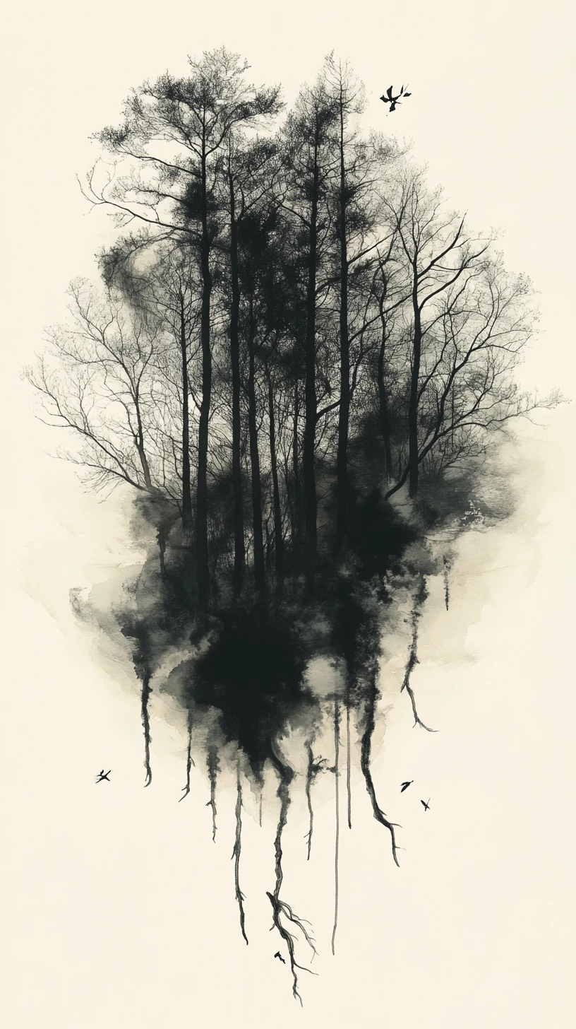 Árvores de floresta abstrata em tinta fluida e aquarela