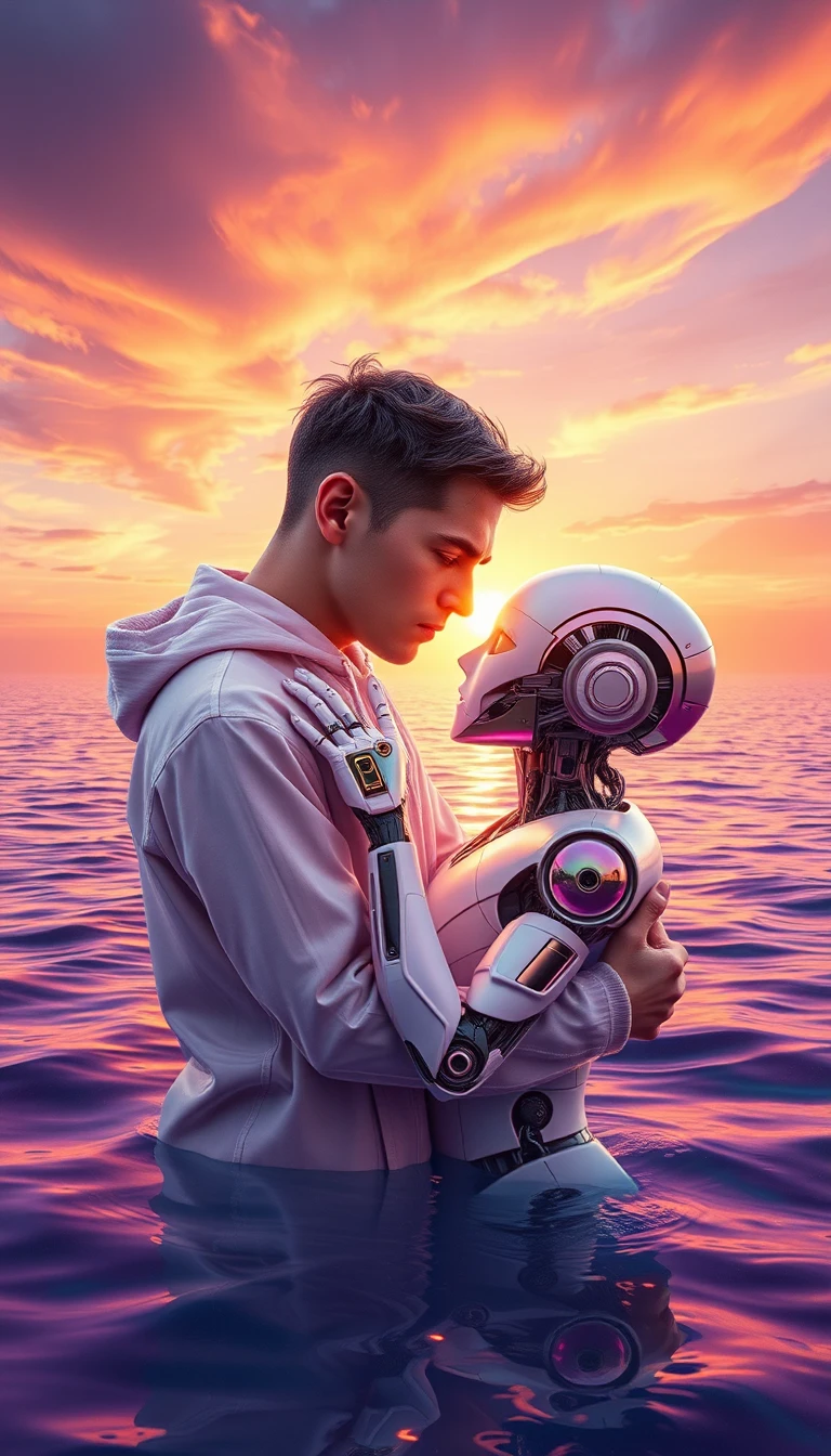 Homem Abraçando Android em Mar Arco-Íris Surreal ao Pôr do Sol