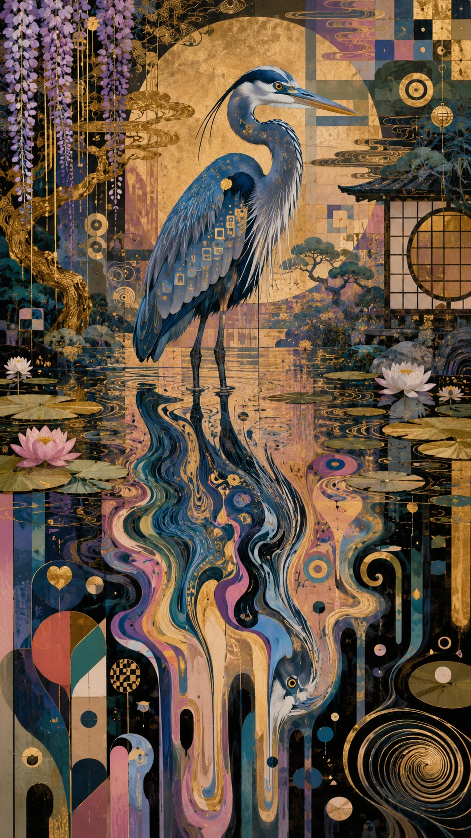 Garça-azul surreal derretendo em um reflexo giratório no lago
