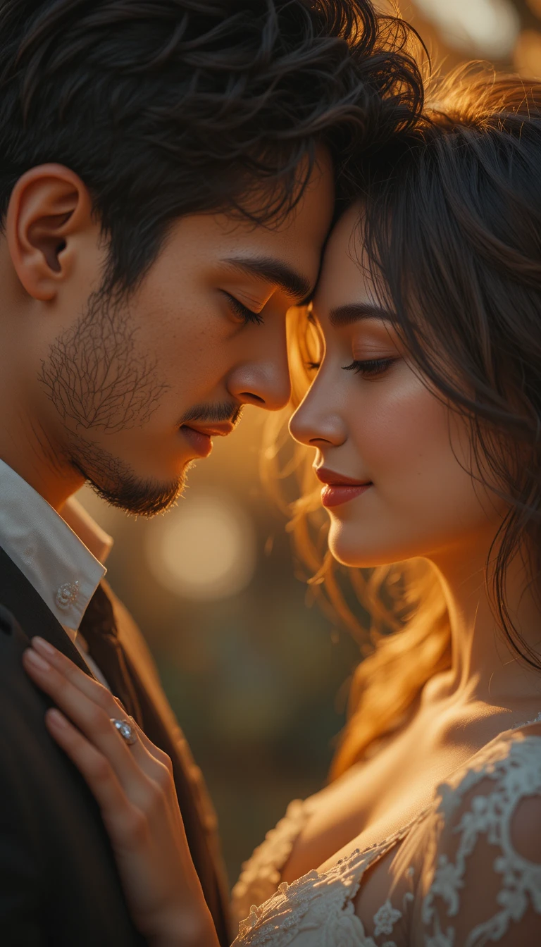 Retrato romántico en primer plano de una pareja en la hora dorada