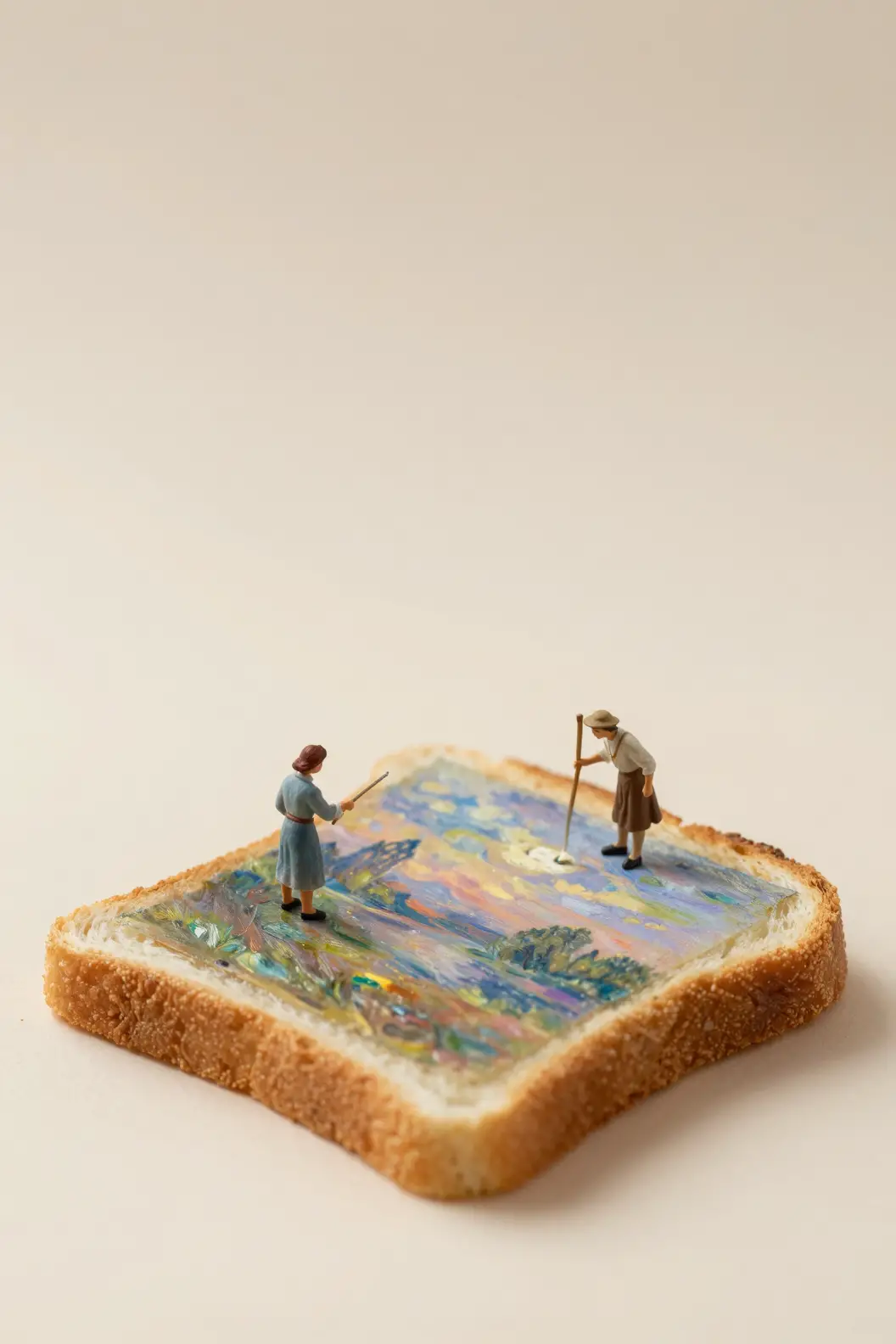 Pintores em miniatura criando arte na torrada em visão macro