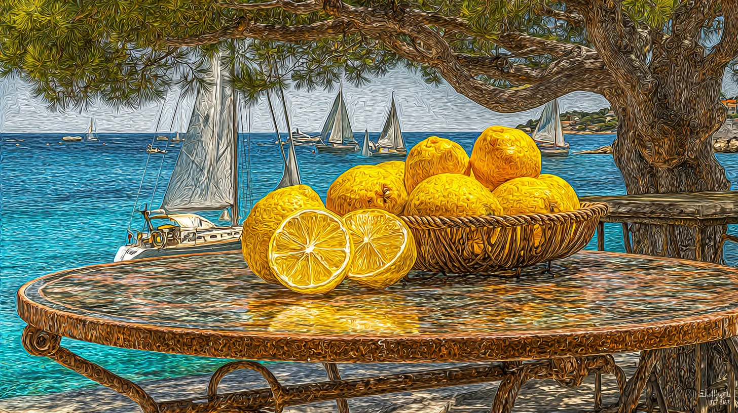 Mediterranean terrace still life with fruit and sea