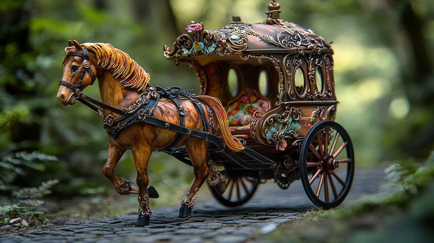 Winzige Steampunk-Pferdekutsche auf einer rustikalen Kopfsteinpflasterstraße