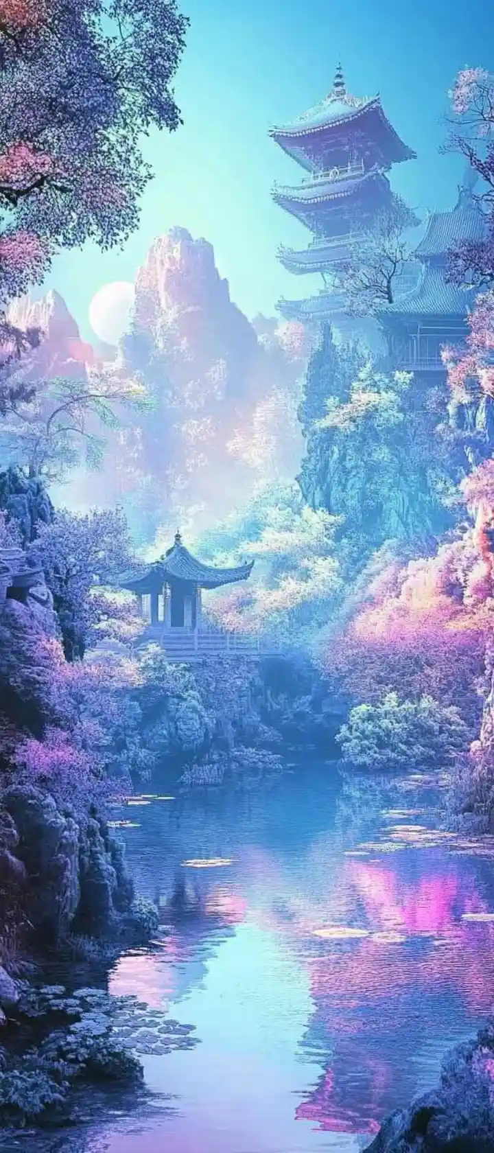 明亮愉悅、充滿禪意氛圍的超現實粉彩風景