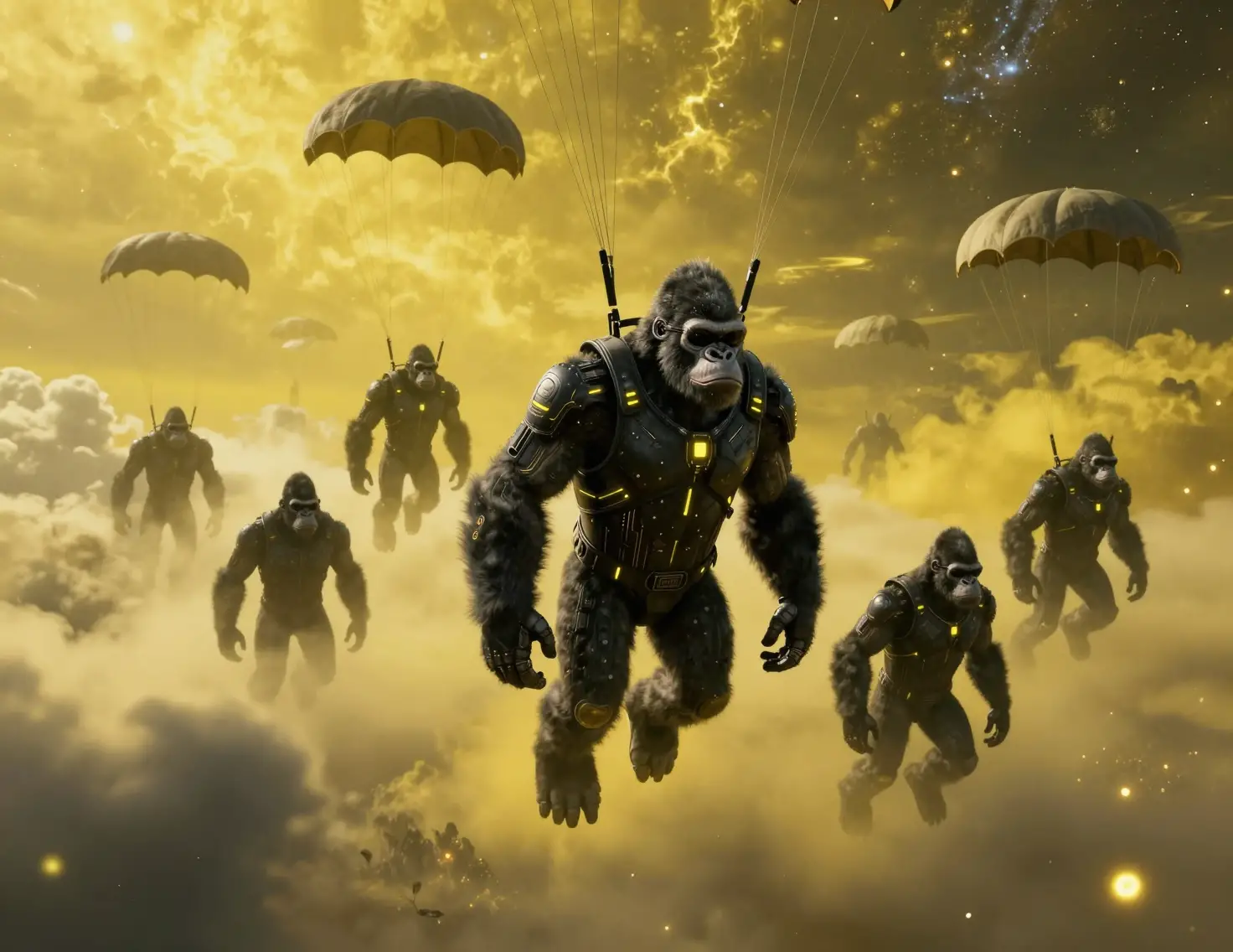 Gepanzerte Gorillas, die aus einem gelben Sci‑Fi‑Himmel herabsteigen